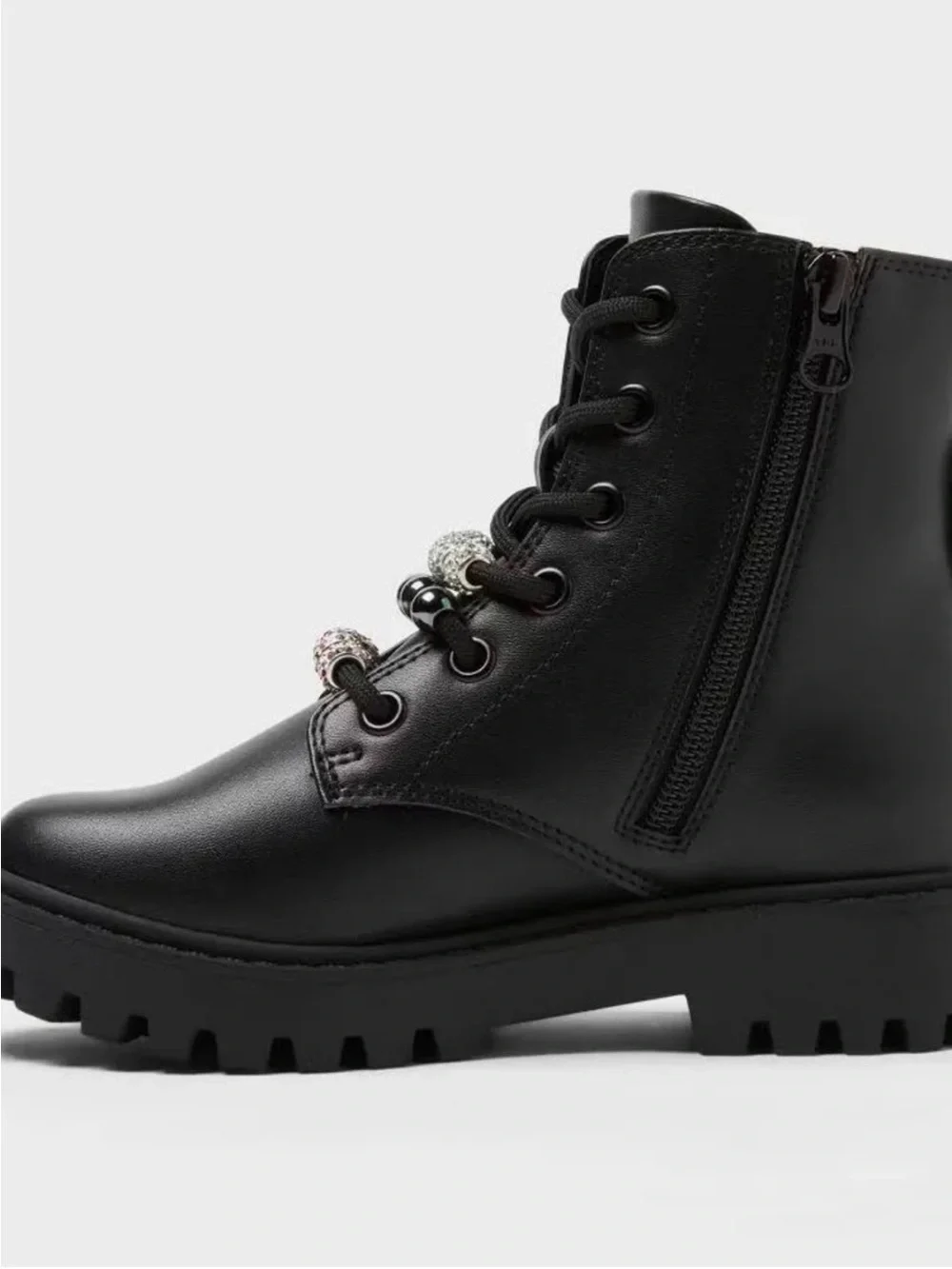 Girls Black Bronx Rhinestone Bead Lug Sole Combat Boot- Art Class